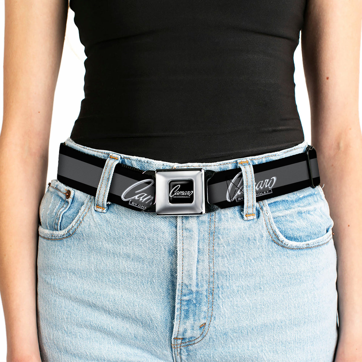 1969 CAMARO BY CHEVROLET Emblem Full Color Black Silver Seatbelt Belt - 1969 CAMARO BY CHEVROLET Emblem/Stripe Black/Gray/Silver Webbing