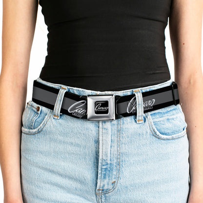 1969 CAMARO BY CHEVROLET Emblem Full Color Black Silver Seatbelt Belt - 1969 CAMARO BY CHEVROLET Emblem/Stripe Black/Gray/Silver Webbing