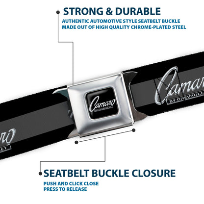 1969 CAMARO BY CHEVROLET Emblem Full Color Black Silver Seatbelt Belt - 1969 CAMARO BY CHEVROLET Emblem/Stripe Black/Gray/Silver Webbing