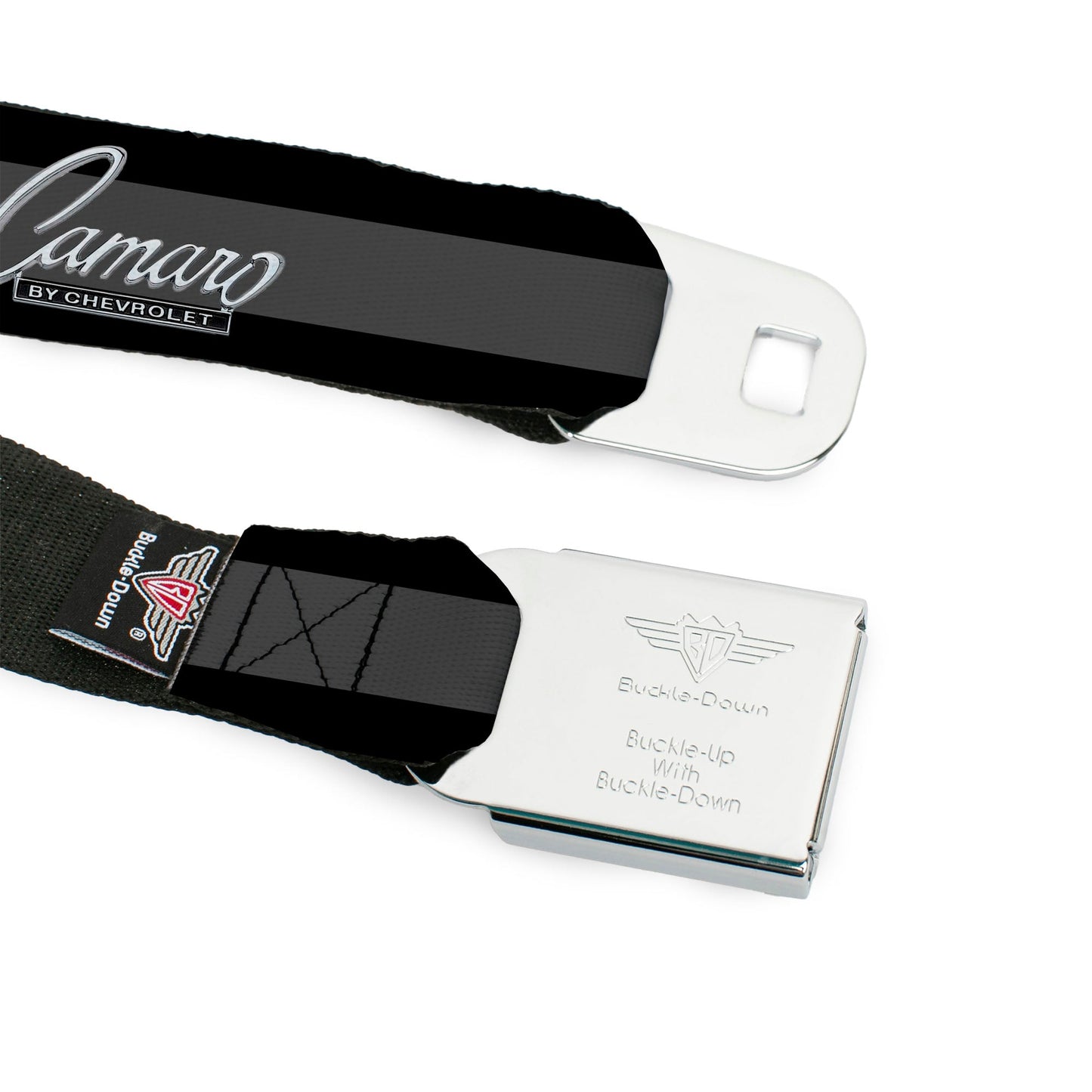 1969 CAMARO BY CHEVROLET Emblem Full Color Black Silver Seatbelt Belt - 1969 CAMARO BY CHEVROLET Emblem/Stripe Black/Gray/Silver Webbing