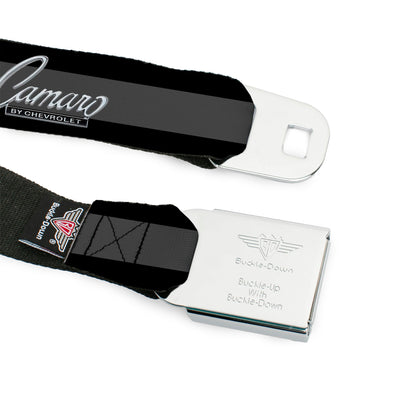 1969 CAMARO BY CHEVROLET Emblem Full Color Black Silver Seatbelt Belt - 1969 CAMARO BY CHEVROLET Emblem/Stripe Black/Gray/Silver Webbing