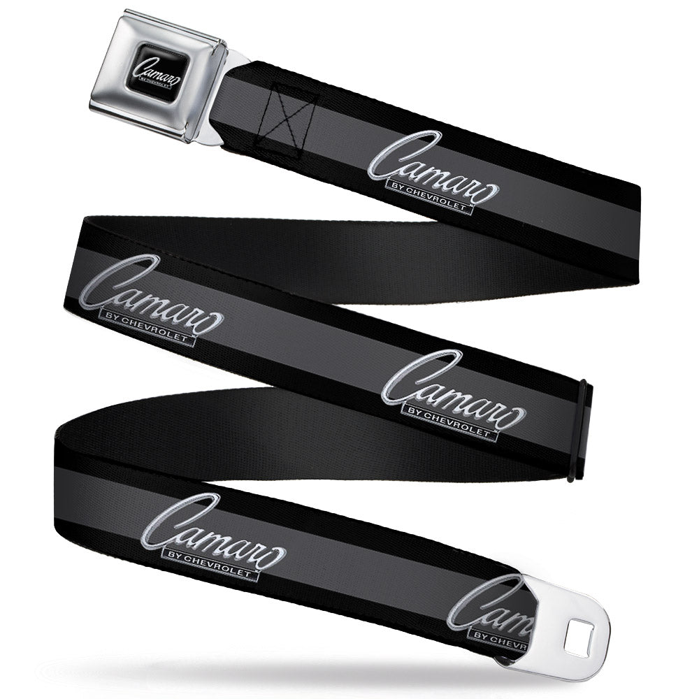 1969 CAMARO BY CHEVROLET Emblem Full Color Black Silver Seatbelt Belt - 1969 CAMARO BY CHEVROLET Emblem/Stripe Black/Gray/Silver Webbing