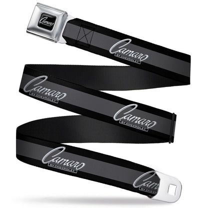 1969 CAMARO BY CHEVROLET Emblem Full Color Black Silver Seatbelt Belt - 1969 CAMARO BY CHEVROLET Emblem/Stripe Black/Gray/Silver Webbing