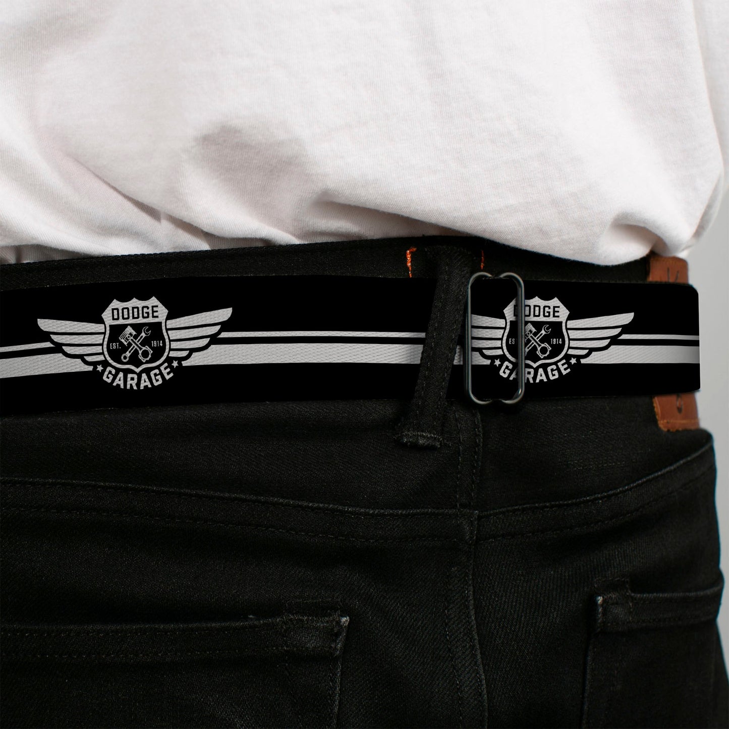 DODGE GARAGE Emblem Full Color Light Gray Black Seatbelt Belt - DODGE GARAGE Emblem Stripe Black/White Webbing