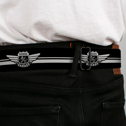 DODGE GARAGE Emblem Full Color Light Gray Black Seatbelt Belt - DODGE GARAGE Emblem Stripe Black/White Webbing