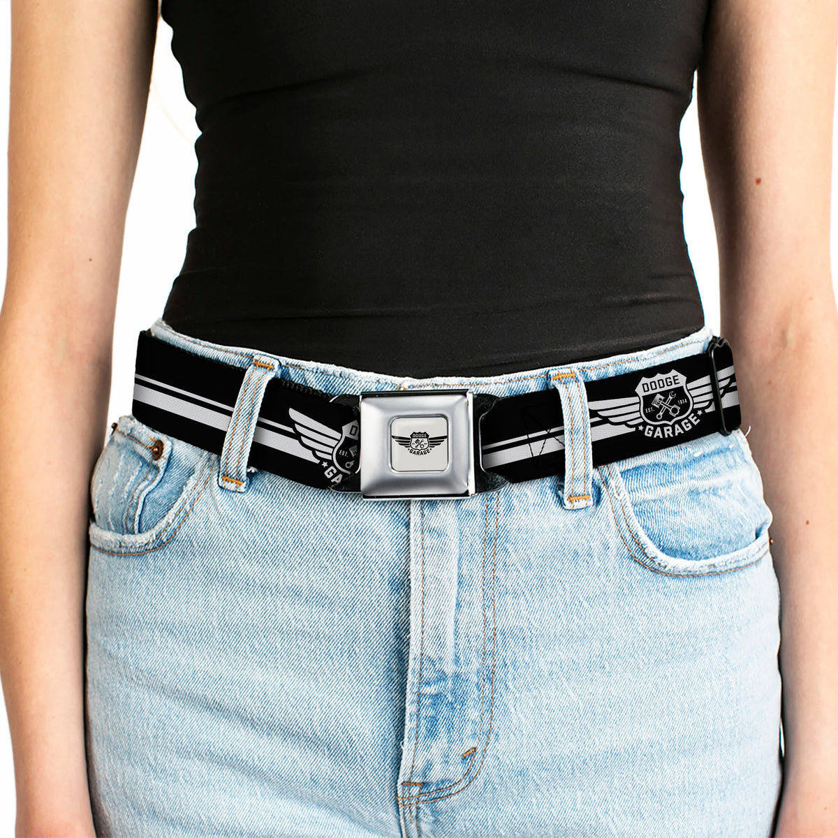 DODGE GARAGE Emblem Full Color Light Gray Black Seatbelt Belt - DODGE GARAGE Emblem Stripe Black/White Webbing
