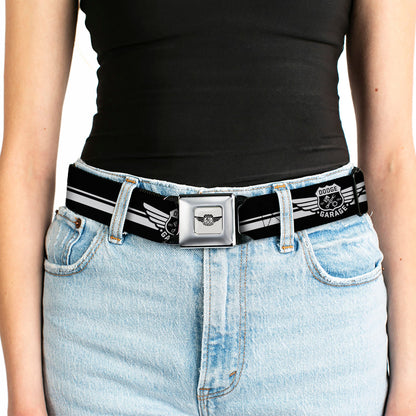 DODGE GARAGE Emblem Full Color Light Gray Black Seatbelt Belt - DODGE GARAGE Emblem Stripe Black/White Webbing