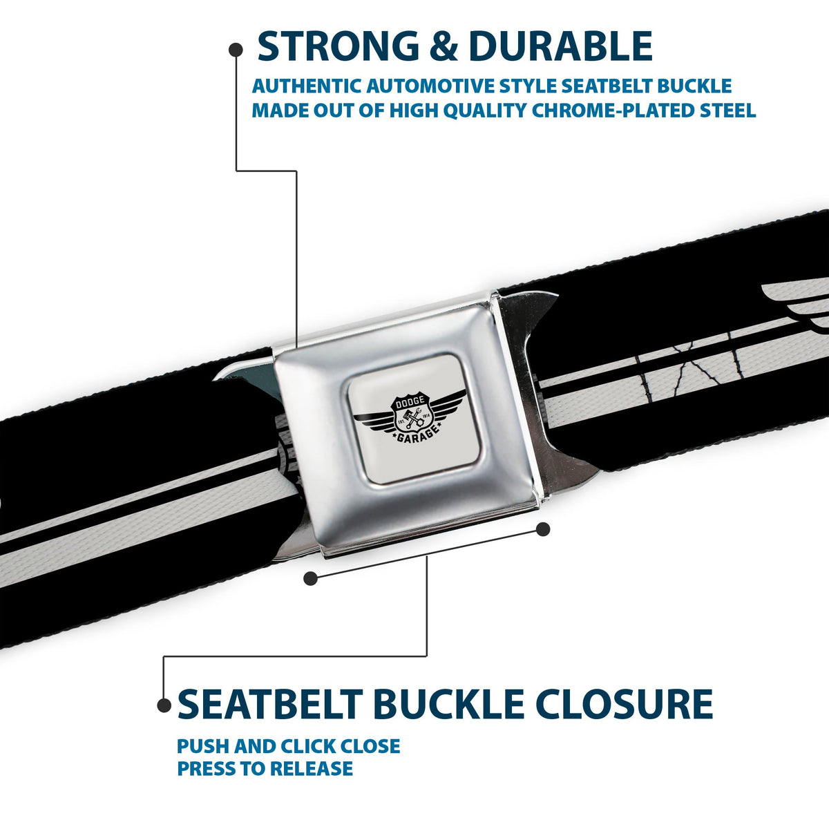 DODGE GARAGE Emblem Full Color Light Gray Black Seatbelt Belt - DODGE GARAGE Emblem Stripe Black/White Webbing