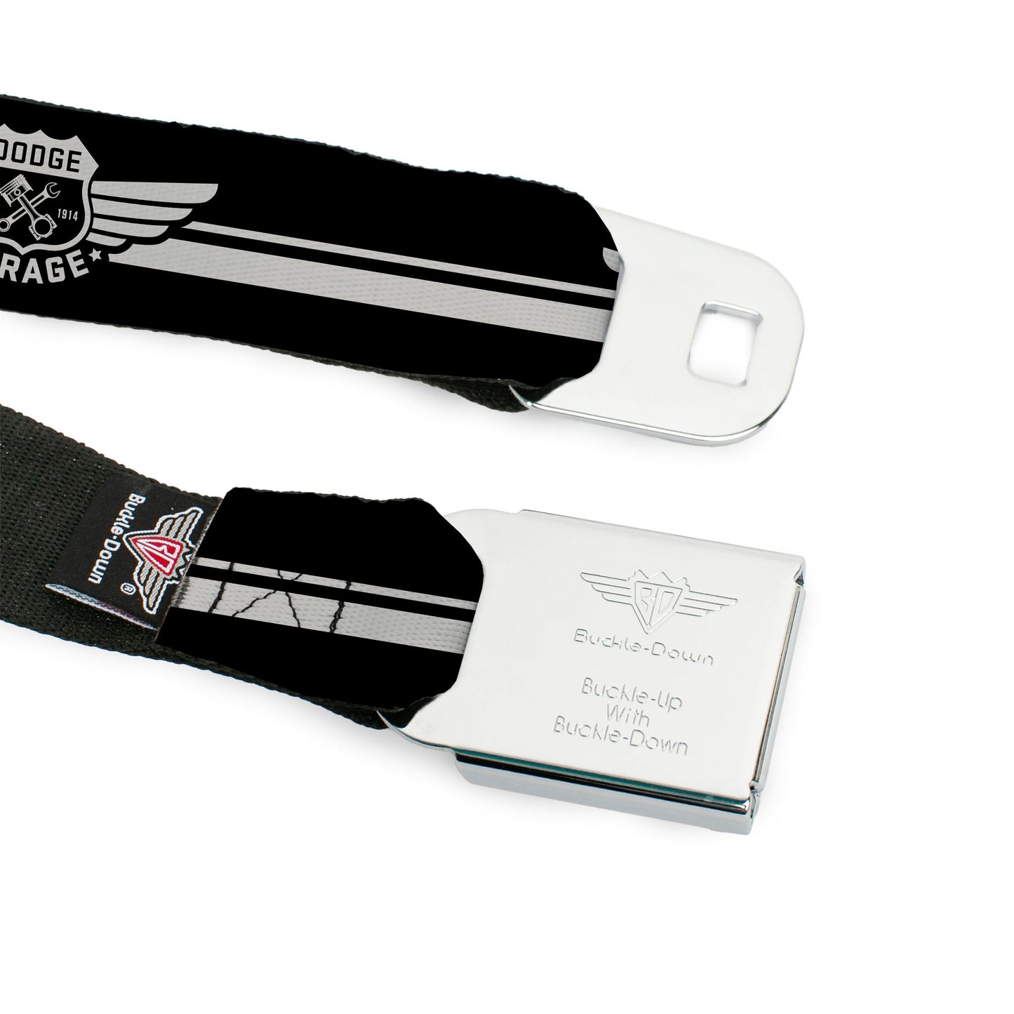 DODGE GARAGE Emblem Full Color Light Gray Black Seatbelt Belt - DODGE GARAGE Emblem Stripe Black/White Webbing