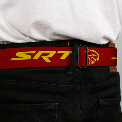Dodge Hellcat Logo Full Color Black White Seatbelt Belt - Dodge SRT/Hellcat Logo Burgundy/Yellow Webbing