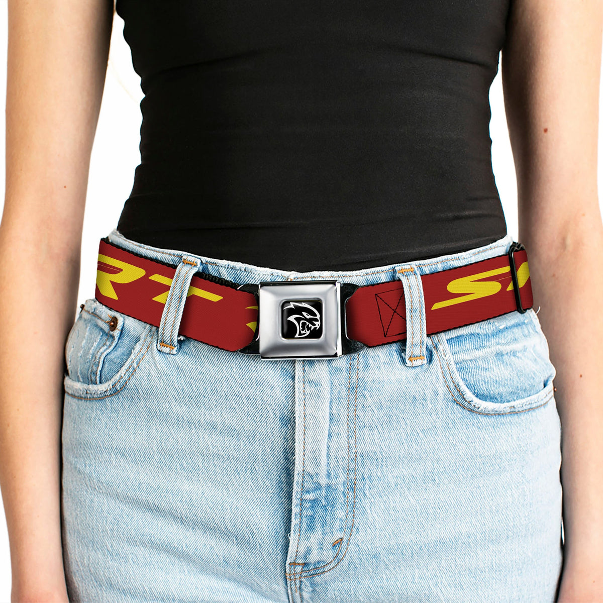 Dodge Hellcat Logo Full Color Black White Seatbelt Belt - Dodge SRT/Hellcat Logo Burgundy/Yellow Webbing