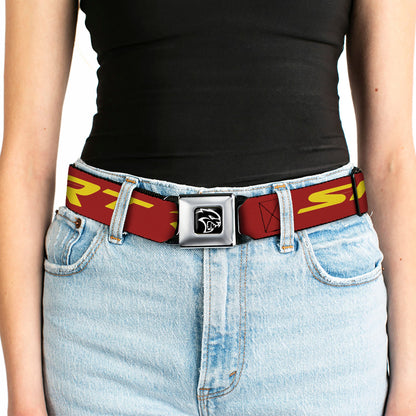 Dodge Hellcat Logo Full Color Black White Seatbelt Belt - Dodge SRT/Hellcat Logo Burgundy/Yellow Webbing