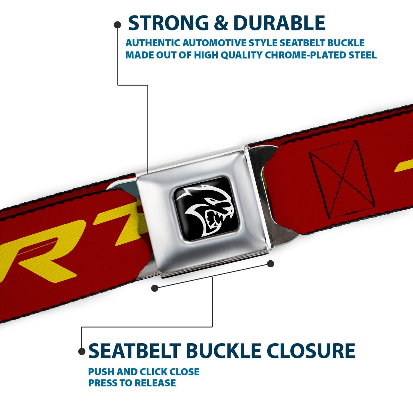 Dodge Hellcat Logo Full Color Black White Seatbelt Belt - Dodge SRT/Hellcat Logo Burgundy/Yellow Webbing