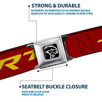 Dodge Hellcat Logo Full Color Black White Seatbelt Belt - Dodge SRT/Hellcat Logo Burgundy/Yellow Webbing
