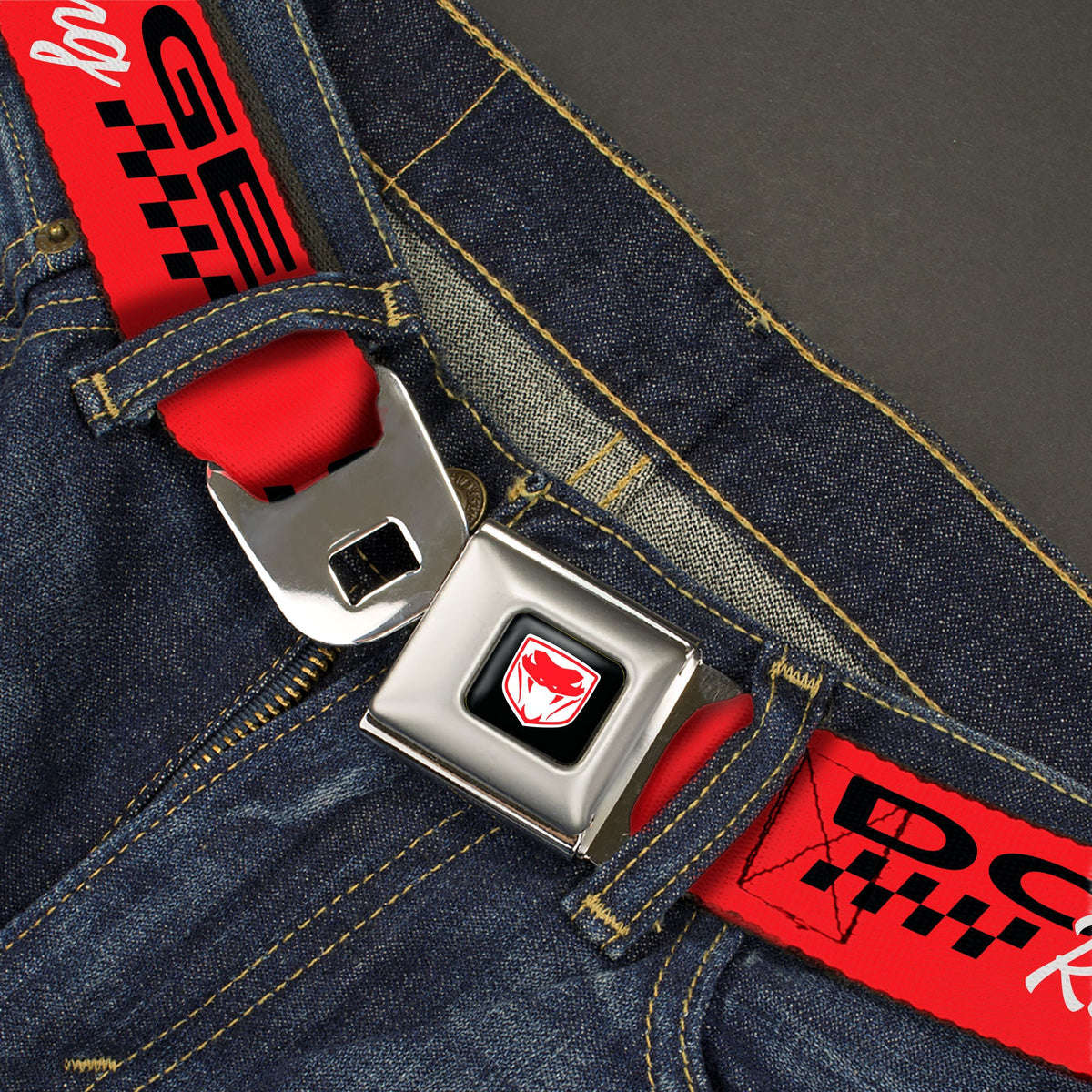 Dodge Viper Logo Full Color Black/White/Red Seatbelt Belt - DODGE RACING Text Checker Red/Black/White Webbing