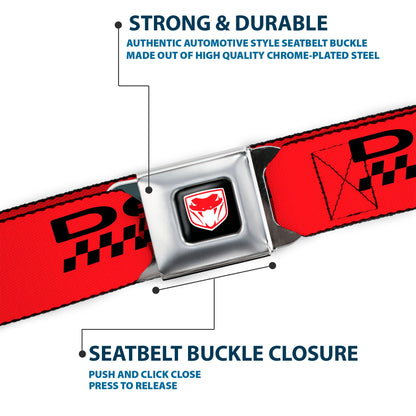 Dodge Viper Logo Full Color Black/White/Red Seatbelt Belt - DODGE RACING Text Checker Red/Black/White Webbing