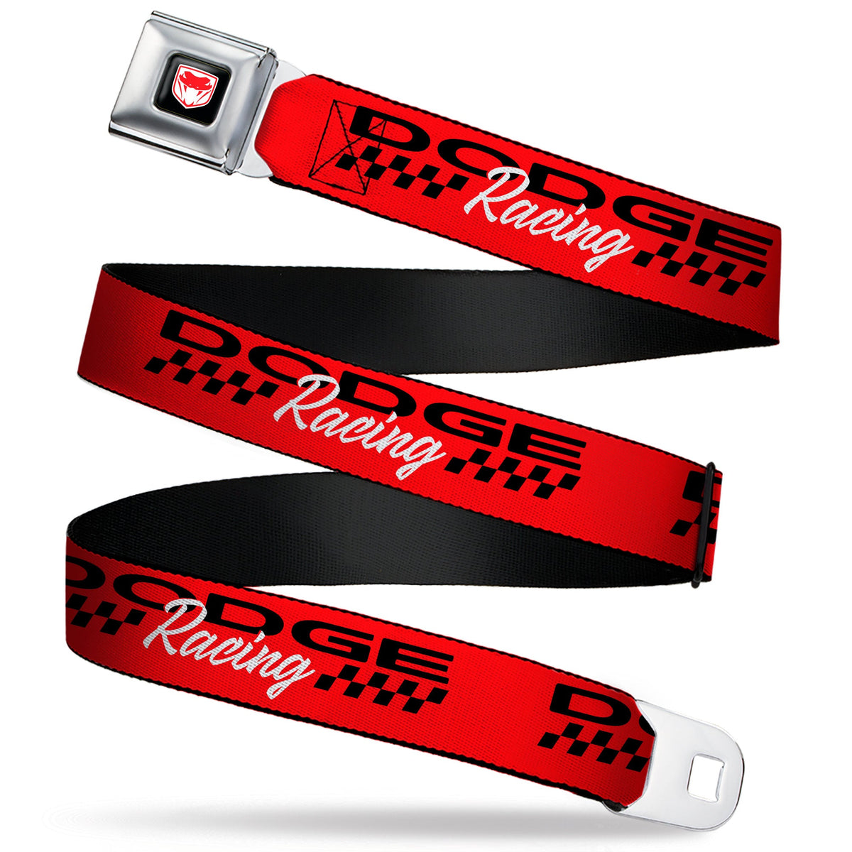 Dodge Viper Logo Full Color Black/White/Red Seatbelt Belt - DODGE RACING Text Checker Red/Black/White Webbing