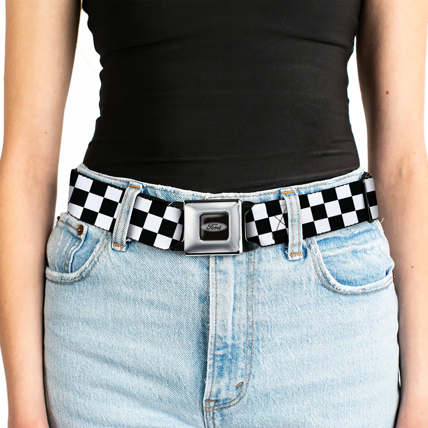 Ford Emblem Seatbelt Belt - Checker Black/White Webbing