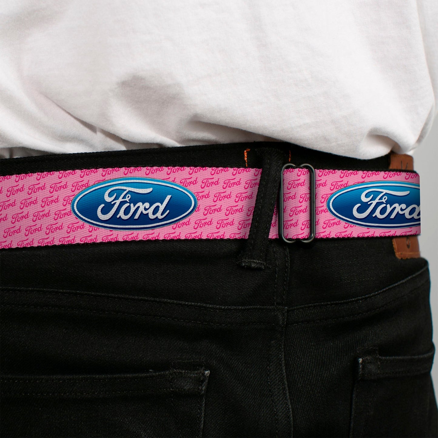 Ford Emblem Seatbelt Belt - Ford Oval w/Text PINK REPEAT Webbing