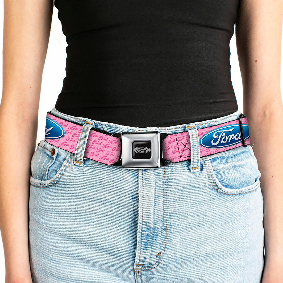 Ford Emblem Seatbelt Belt - Ford Oval w/Text PINK REPEAT Webbing