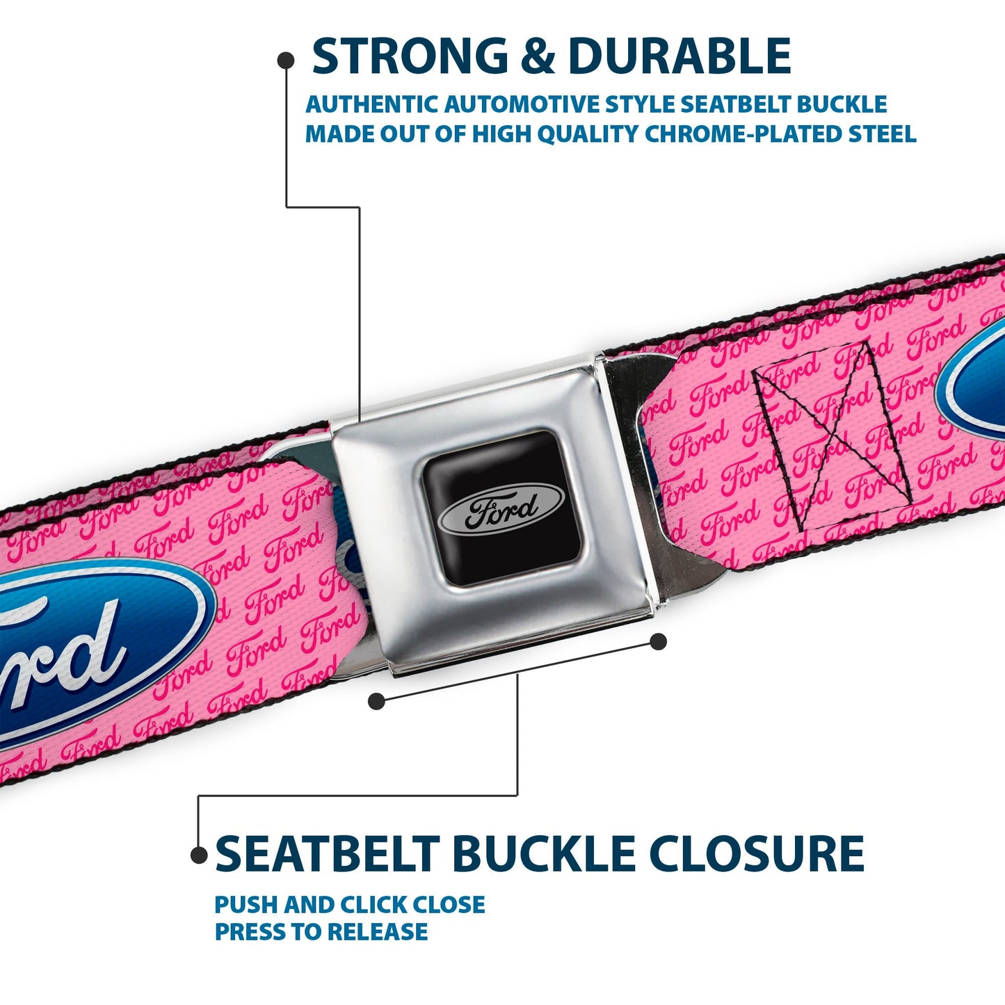 Ford Emblem Seatbelt Belt - Ford Oval w/Text PINK REPEAT Webbing
