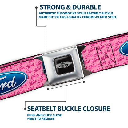 Ford Emblem Seatbelt Belt - Ford Oval w/Text PINK REPEAT Webbing