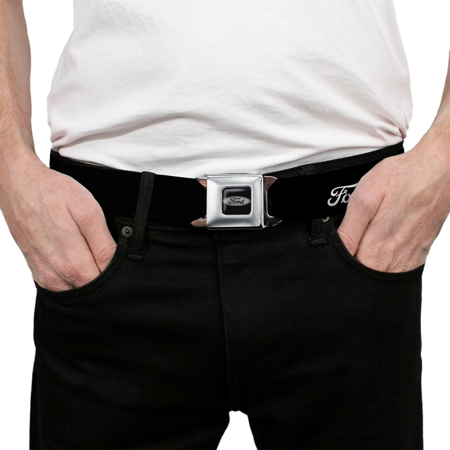 Ford Emblem Seatbelt Belt - FORD Script Single Black/White Webbing