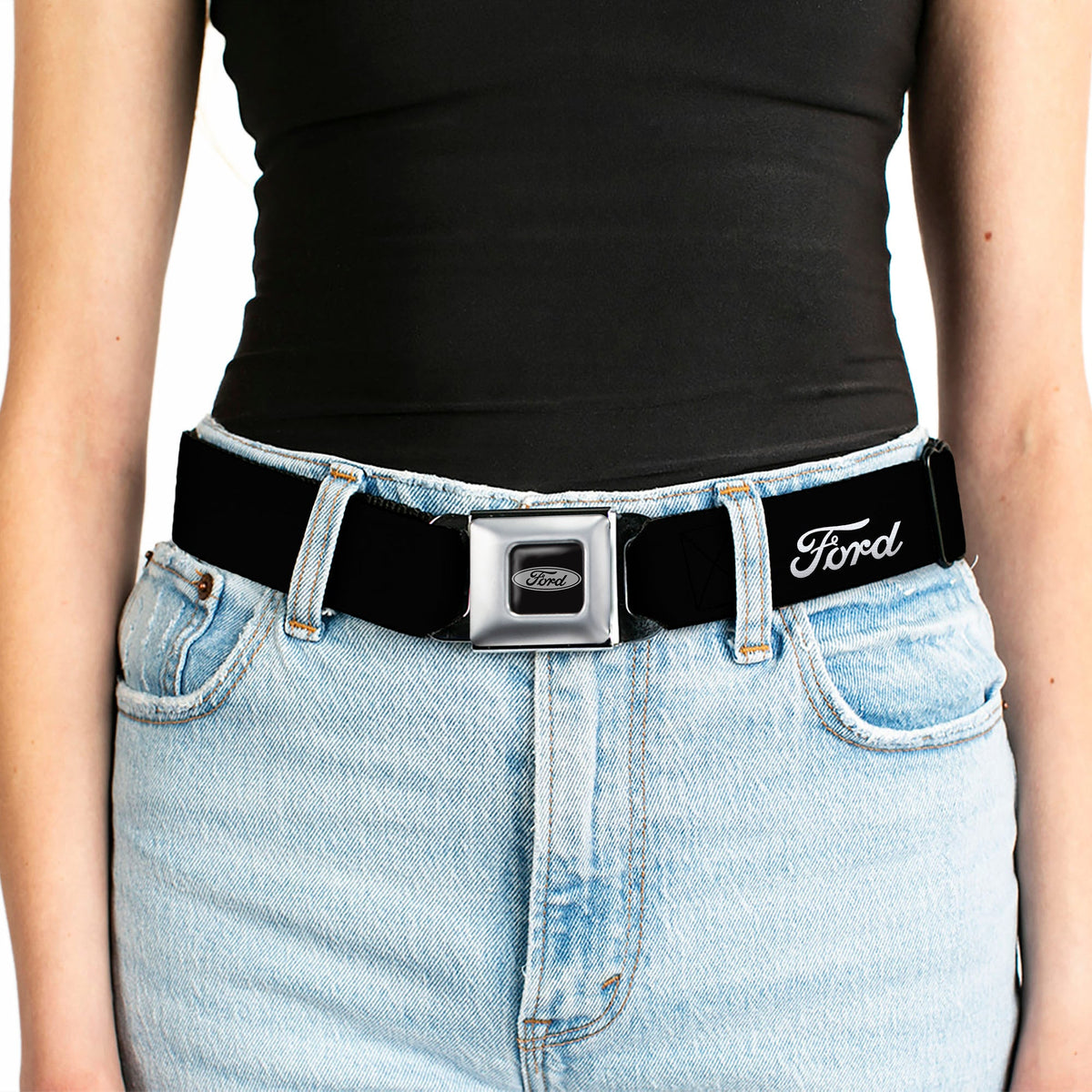 Ford Emblem Seatbelt Belt - FORD Script Single Black/White Webbing