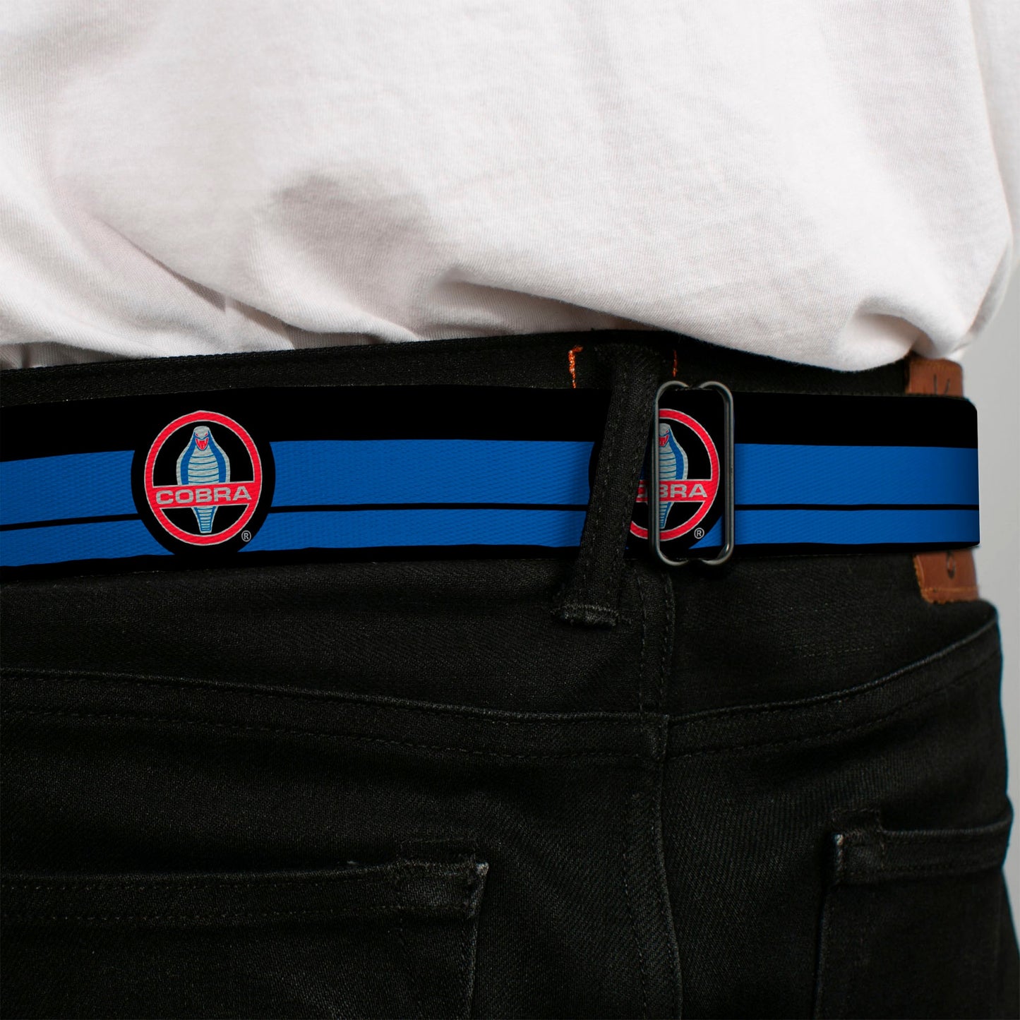 Classic Mustang COBRA Logo Full Color Black Gray Red Gray Seatbelt Belt - Classic Mustang COBRA Logo/Stripe Black/Blue/Red/Gray Webbing