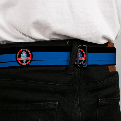 Classic Mustang COBRA Logo Full Color Black Gray Red Gray Seatbelt Belt - Classic Mustang COBRA Logo/Stripe Black/Blue/Red/Gray Webbing