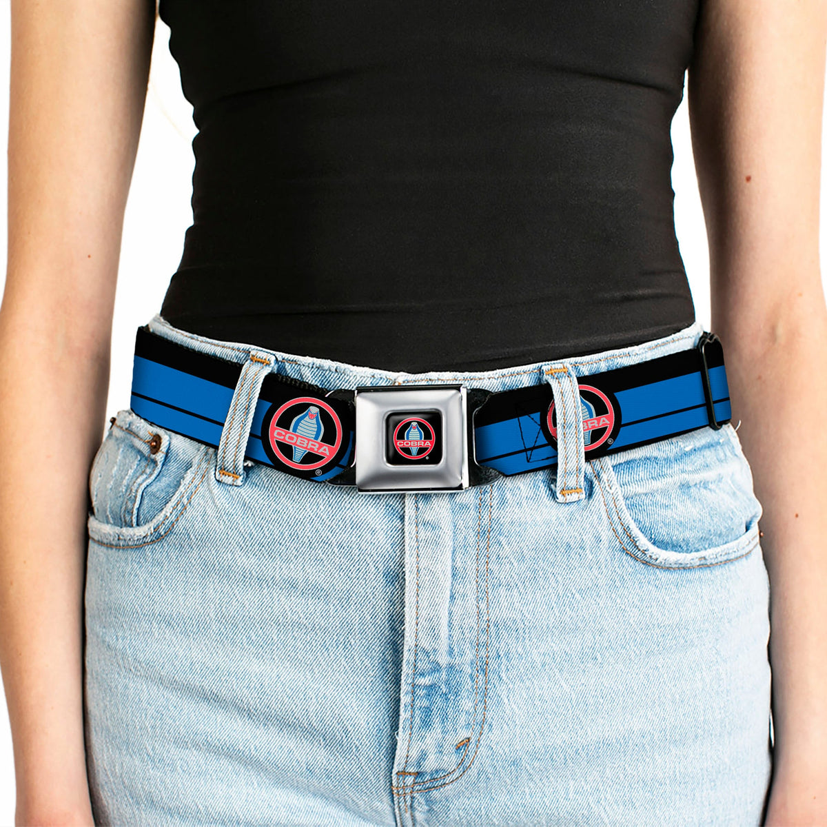 Classic Mustang COBRA Logo Full Color Black Gray Red Gray Seatbelt Belt - Classic Mustang COBRA Logo/Stripe Black/Blue/Red/Gray Webbing