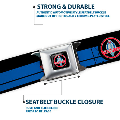 Classic Mustang COBRA Logo Full Color Black Gray Red Gray Seatbelt Belt - Classic Mustang COBRA Logo/Stripe Black/Blue/Red/Gray Webbing