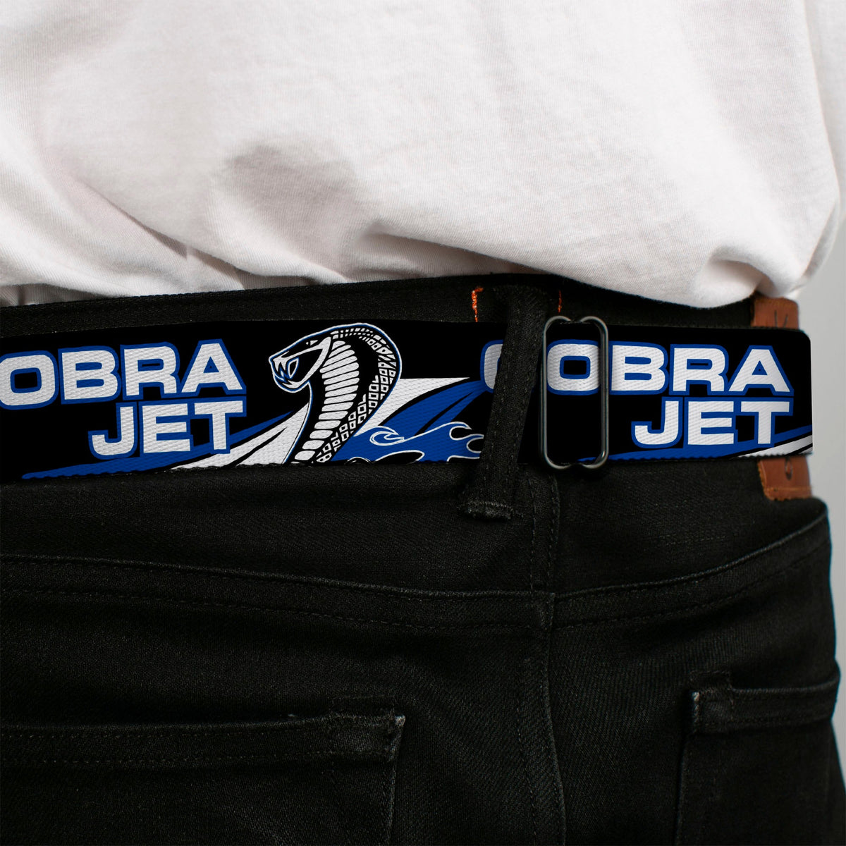 Cobra Head Full Color Black White Seatbelt Belt - COBRA JET/Cobra Head Flame Black/Blue/White Webbing