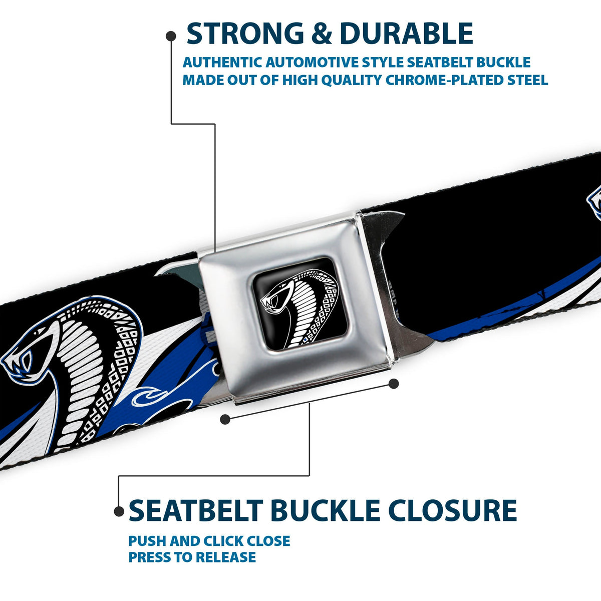 Cobra Head Full Color Black White Seatbelt Belt - COBRA JET/Cobra Head Flame Black/Blue/White Webbing