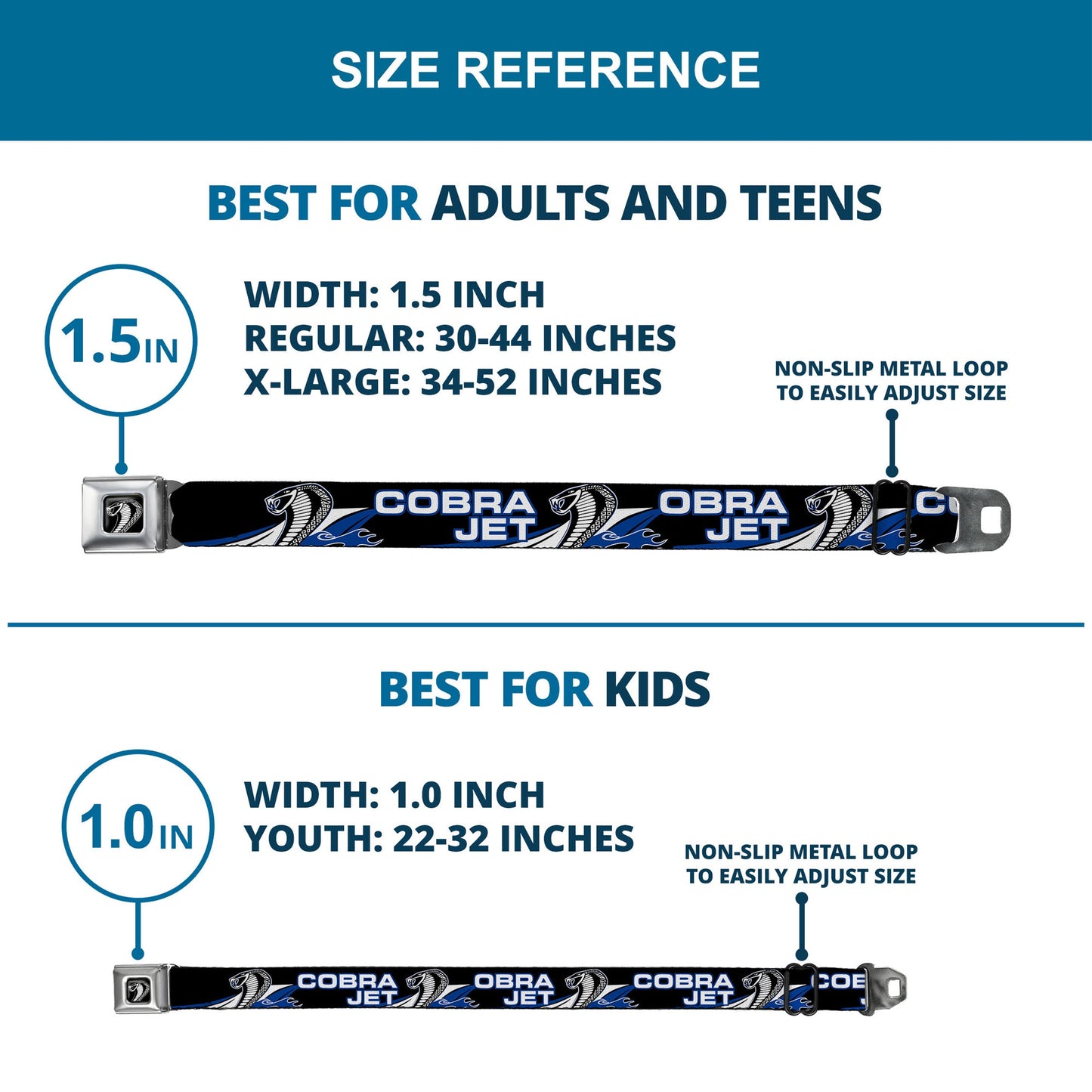 Cobra Head Full Color Black White Seatbelt Belt - COBRA JET/Cobra Head Flame Black/Blue/White Webbing