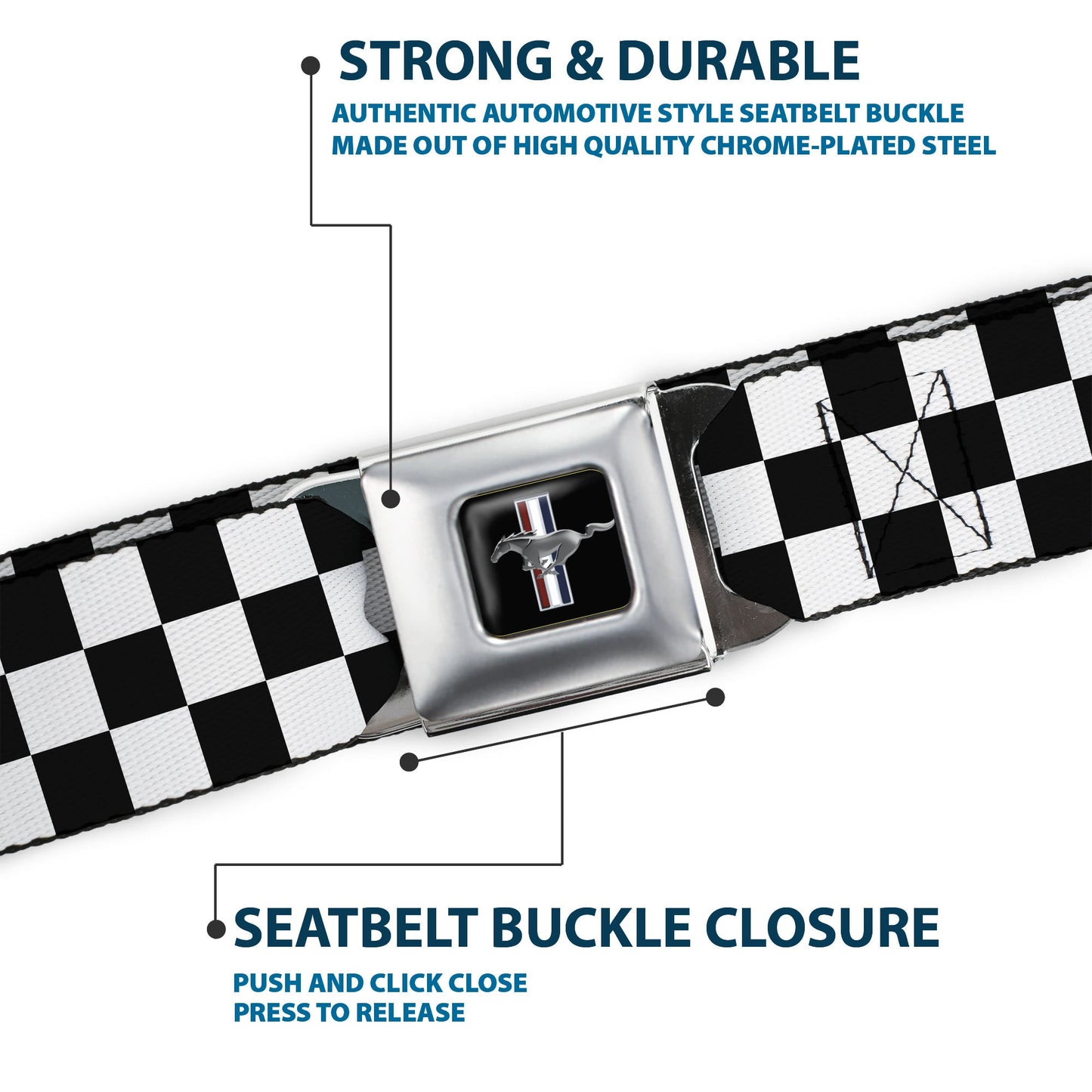 Cobra Head Full Color Black Red Blue White Seatbelt Belt - COBRA JET/Cobra Head Stripe Black/White/Blue Webbing