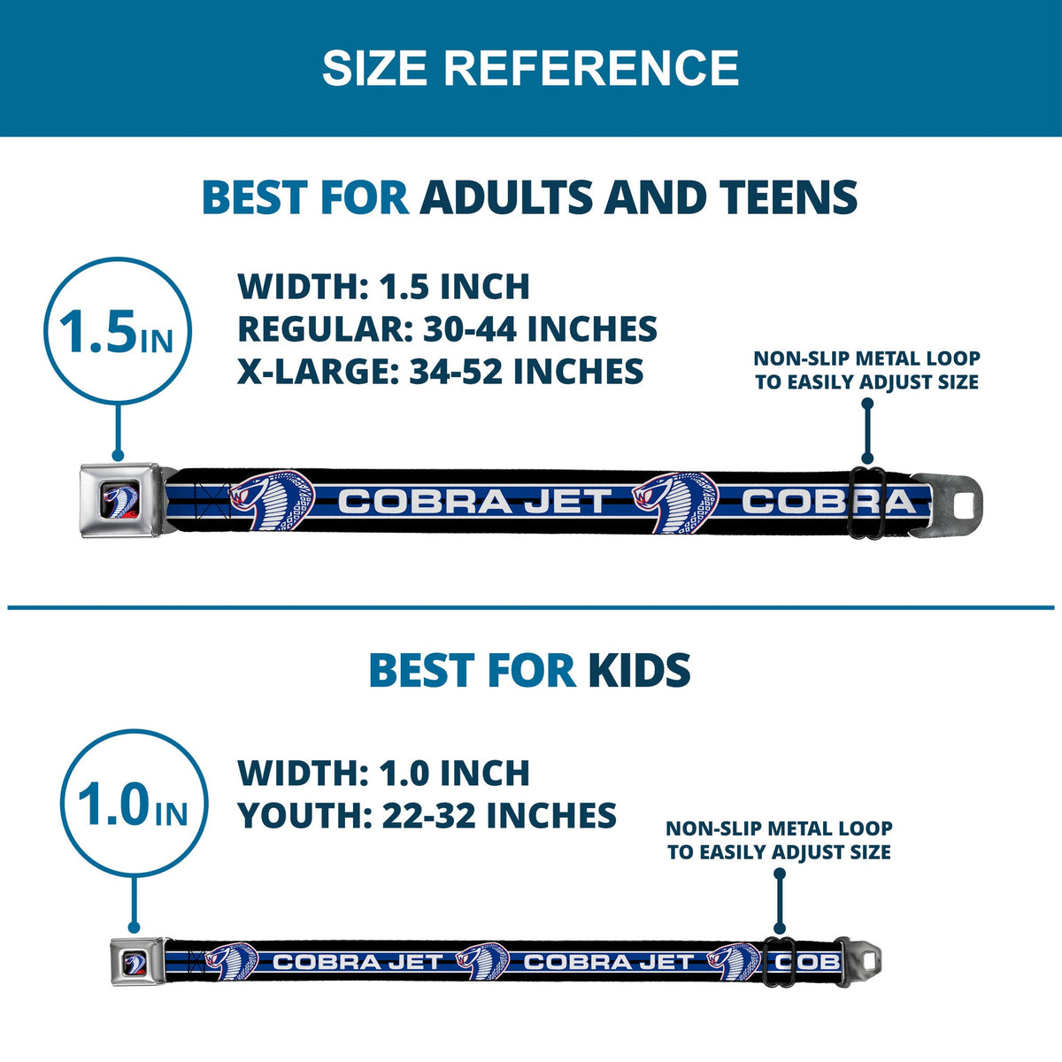 Cobra Head Full Color Black Red Blue White Seatbelt Belt - COBRA JET/Cobra Head Stripe Black/White/Blue Webbing