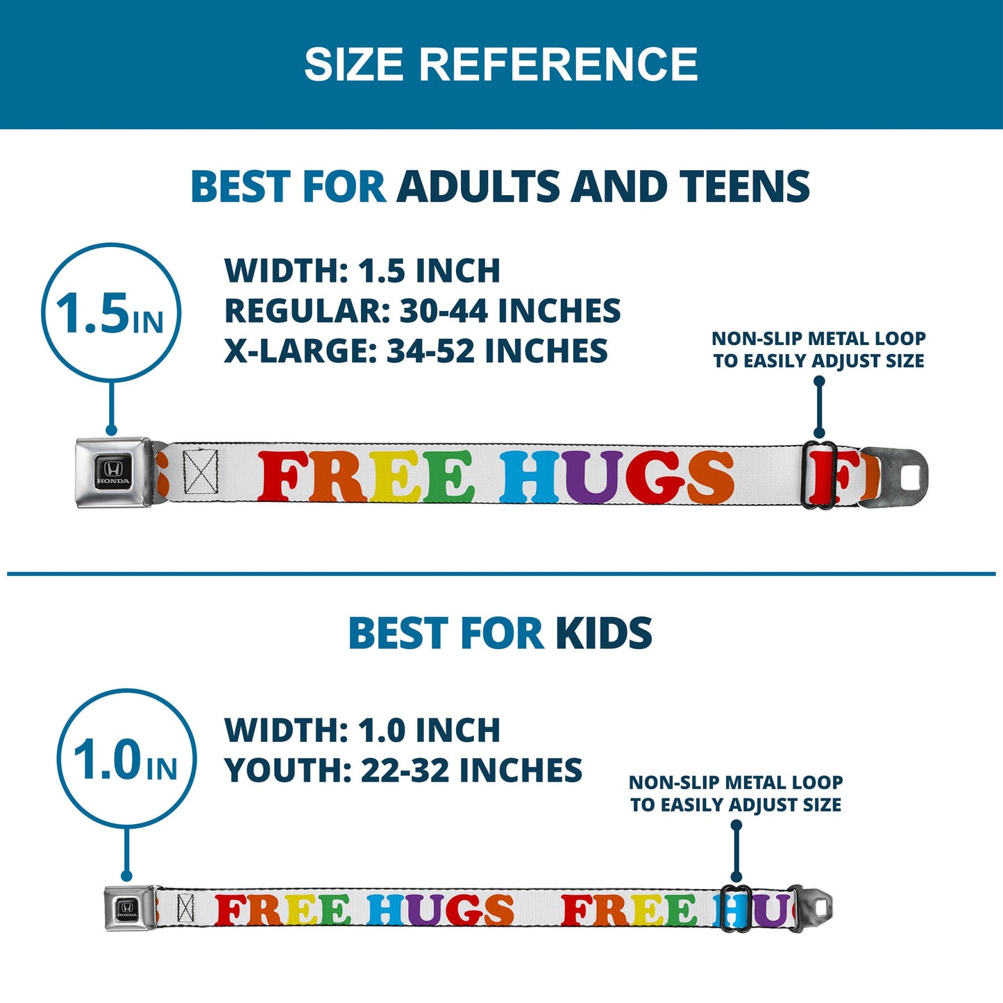 Honda -  Seatbelt Belt - FREE HUGS White/Multi Color Webbing
