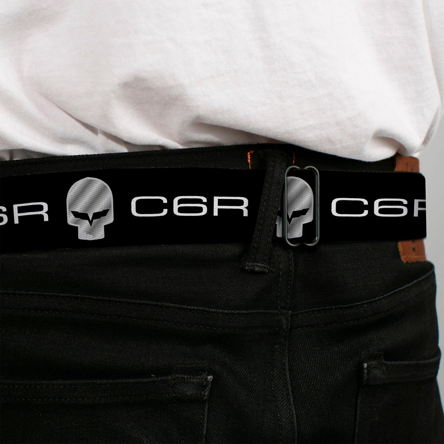 C6R Jake Skull Seatbelt Belt - C6R Racing Skull Logo Black/Silver Webbing