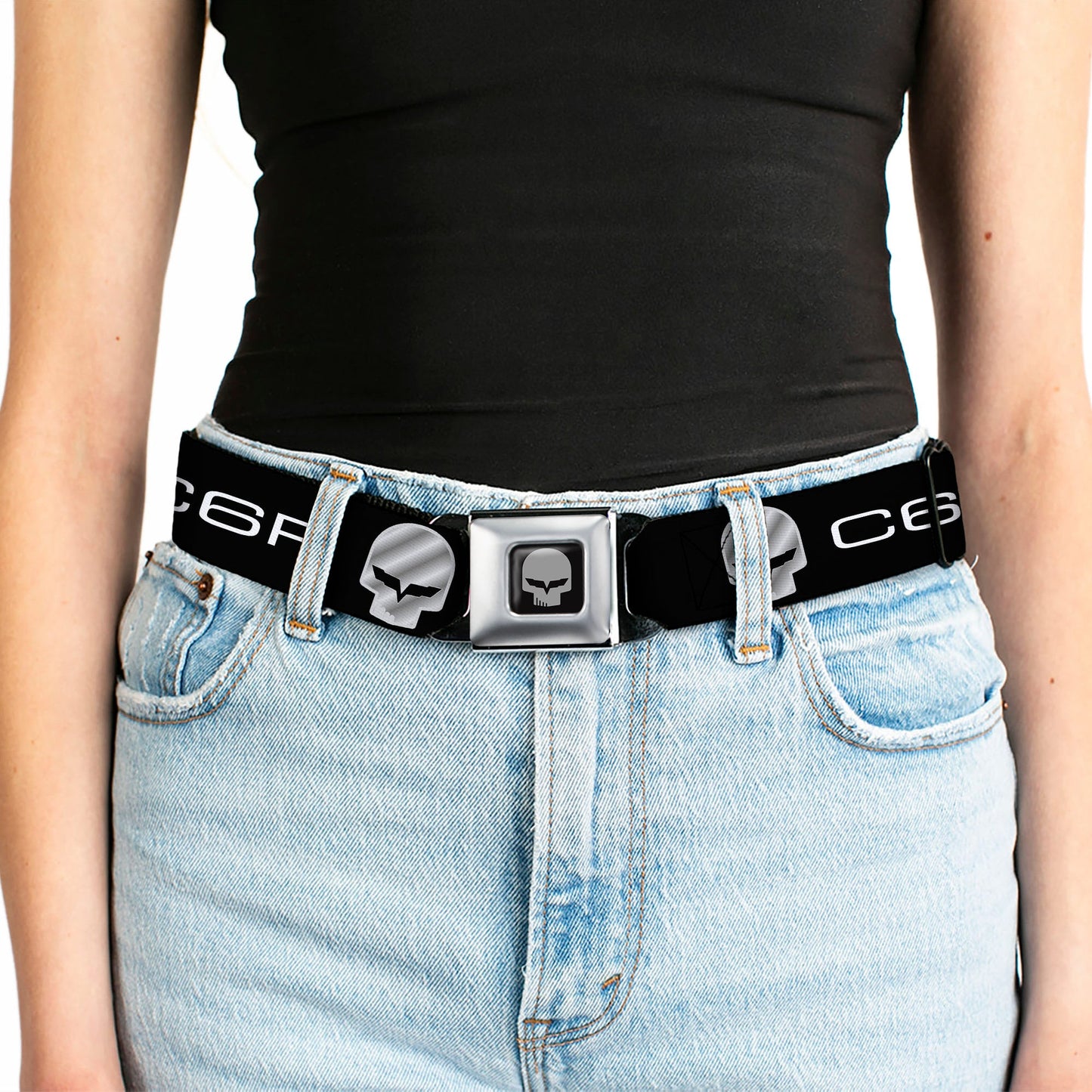 C6R Jake Skull Seatbelt Belt - C6R Racing Skull Logo Black/Silver Webbing