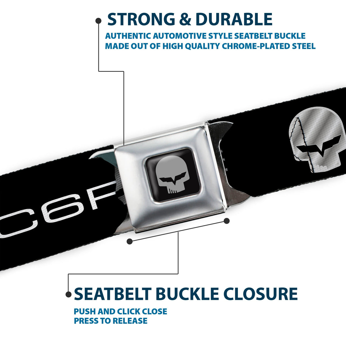 C6R Jake Skull Seatbelt Belt - C6R Racing Skull Logo Black/Silver Webbing