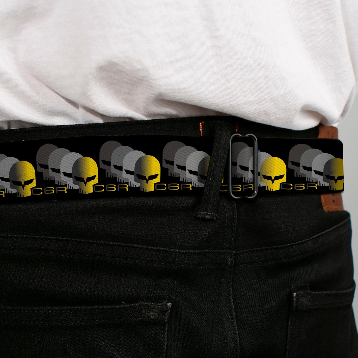 C6R Jake Skull Seatbelt Belt - C6 Racing w/Skull Repeat Black/Yellow/Silver Webbing