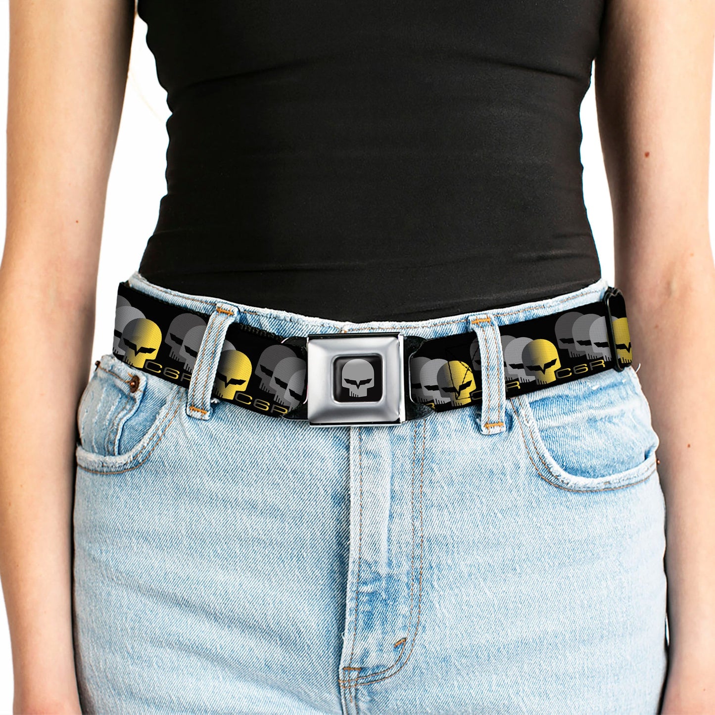 C6R Jake Skull Seatbelt Belt - C6 Racing w/Skull Repeat Black/Yellow/Silver Webbing