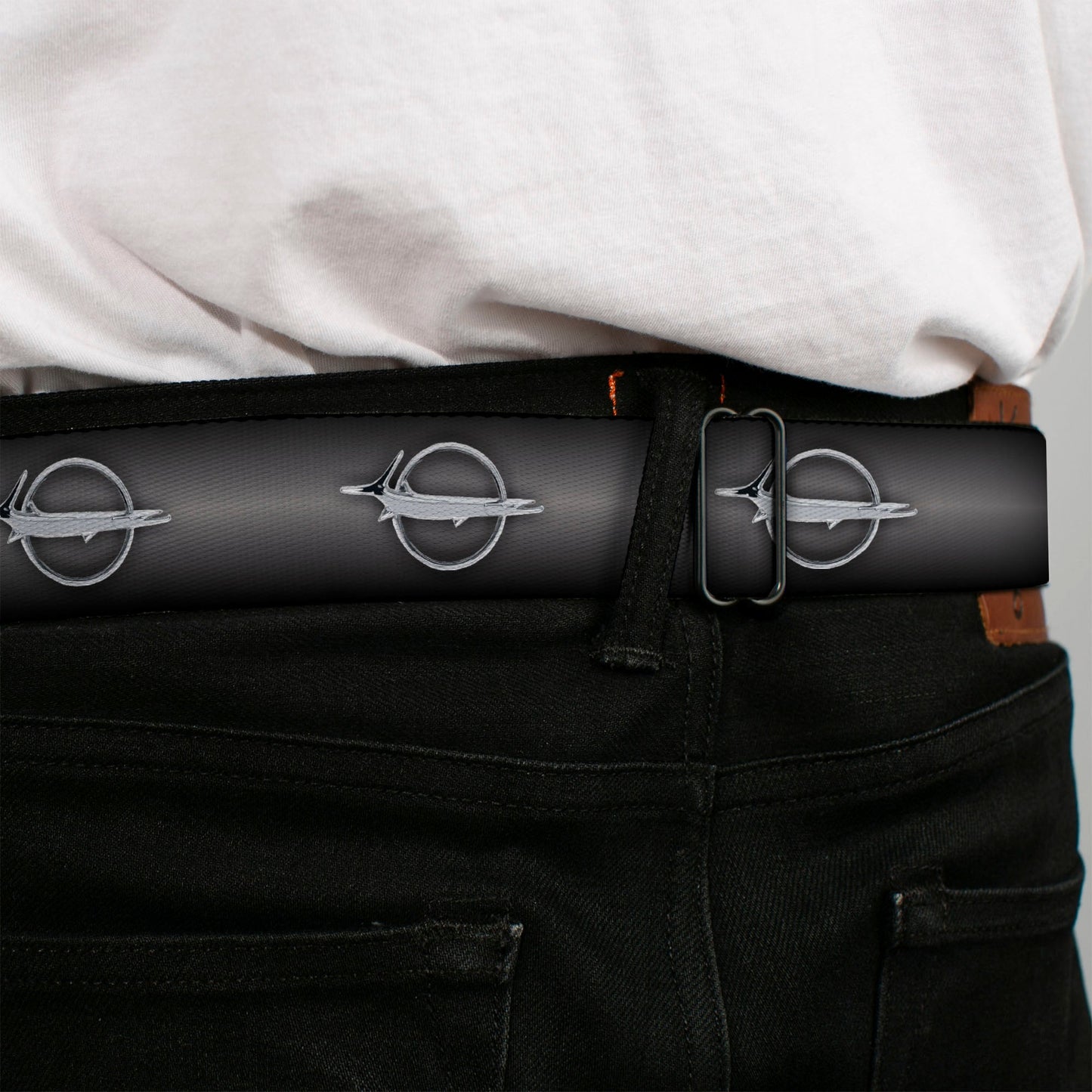 Barracuda Emblem Full Color Black Silver Seatbelt Belt - Barracuda Emblem Repeat Gray Fade/Silver Webbing