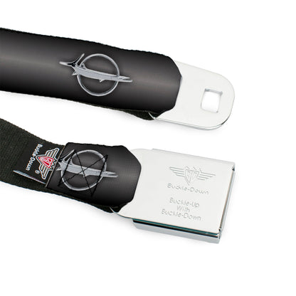 Barracuda Emblem Full Color Black Silver Seatbelt Belt - Barracuda Emblem Repeat Gray Fade/Silver Webbing