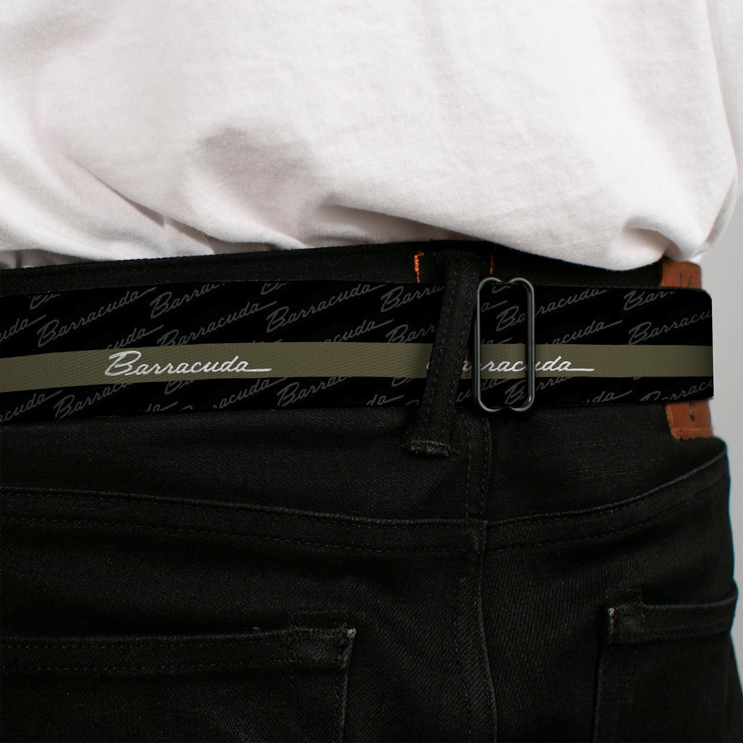 BARRACUDA Script Logo Full Color Black White Seatbelt Belt - BARRACUDA Script Stripe/Monogram Black/Gray/Olive/Silver Webbing