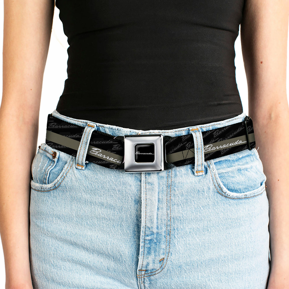 BARRACUDA Script Logo Full Color Black White Seatbelt Belt - BARRACUDA Script Stripe/Monogram Black/Gray/Olive/Silver Webbing