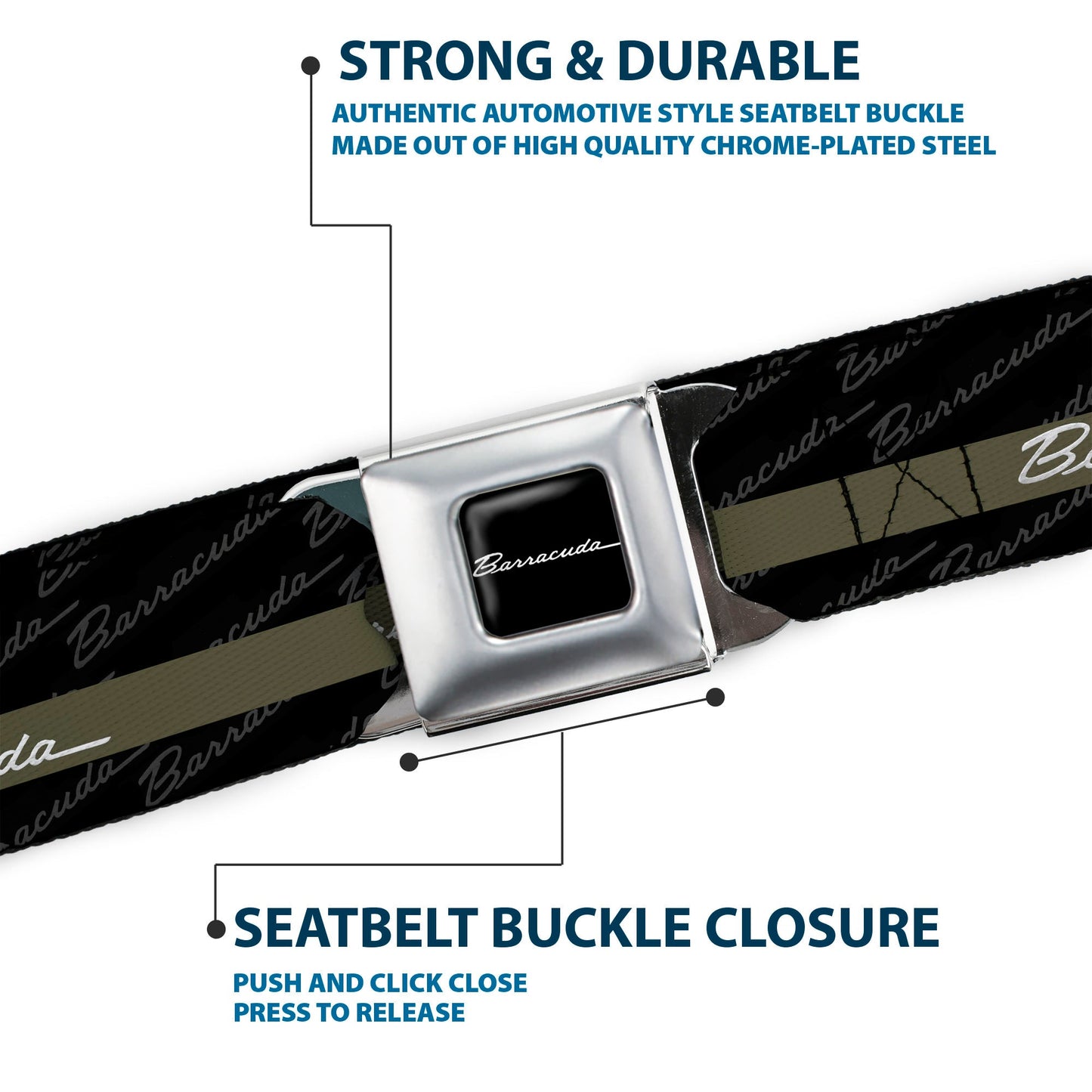 BARRACUDA Script Logo Full Color Black White Seatbelt Belt - BARRACUDA Script Stripe/Monogram Black/Gray/Olive/Silver Webbing