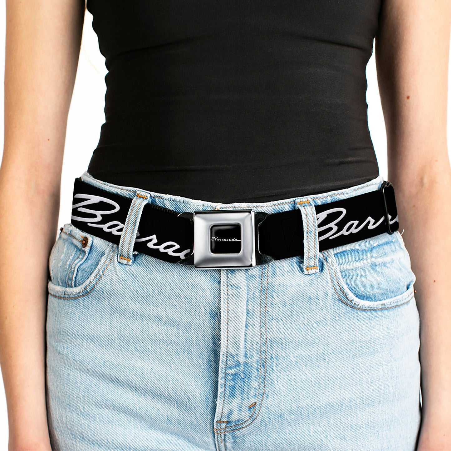 BARRACUDA Script Logo Full Color Black White Seatbelt Belt - BARRACUDA Script Logo Black/Silver Webbing