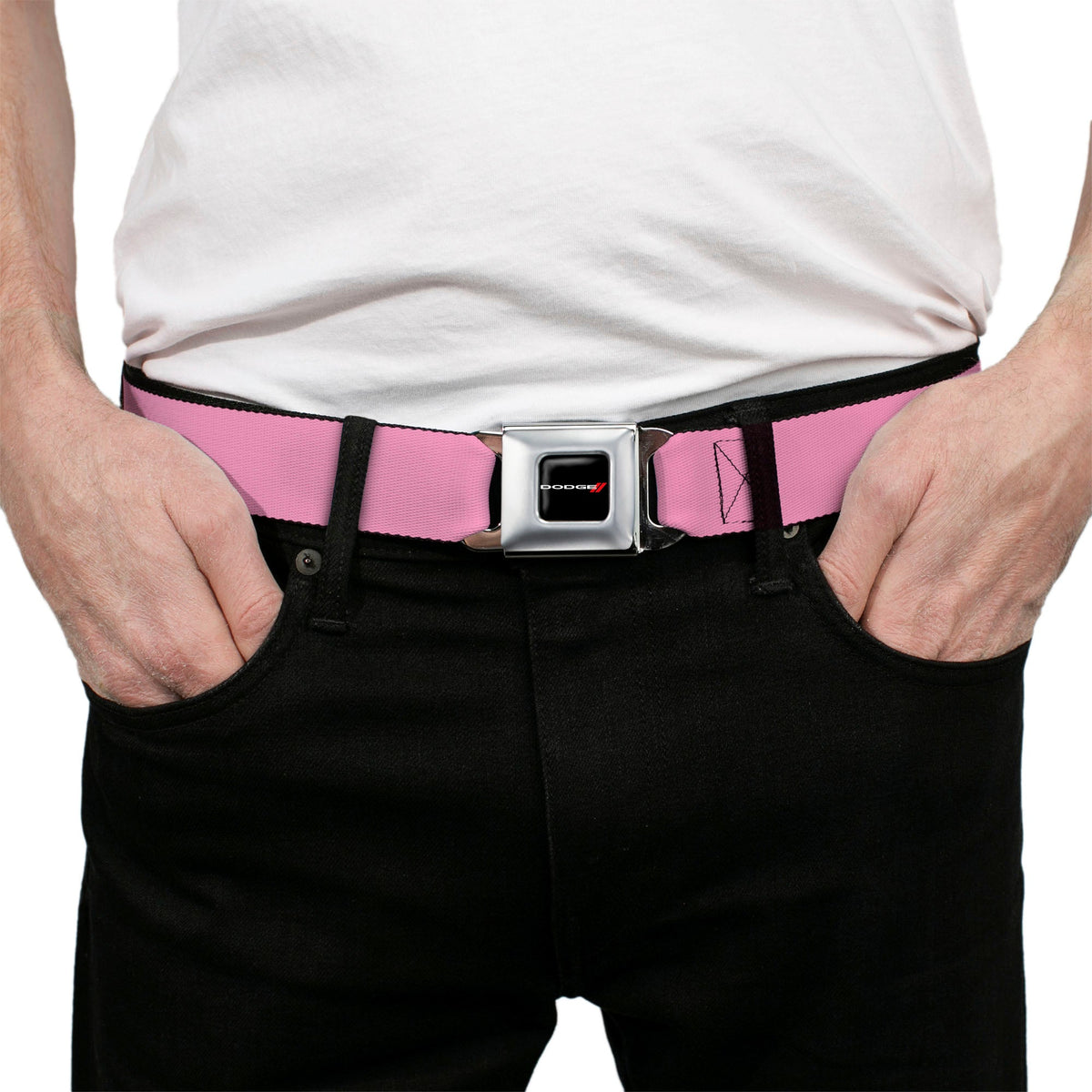 Dodge Red Rhombus Seatbelt Belt - Baby Pink Webbing